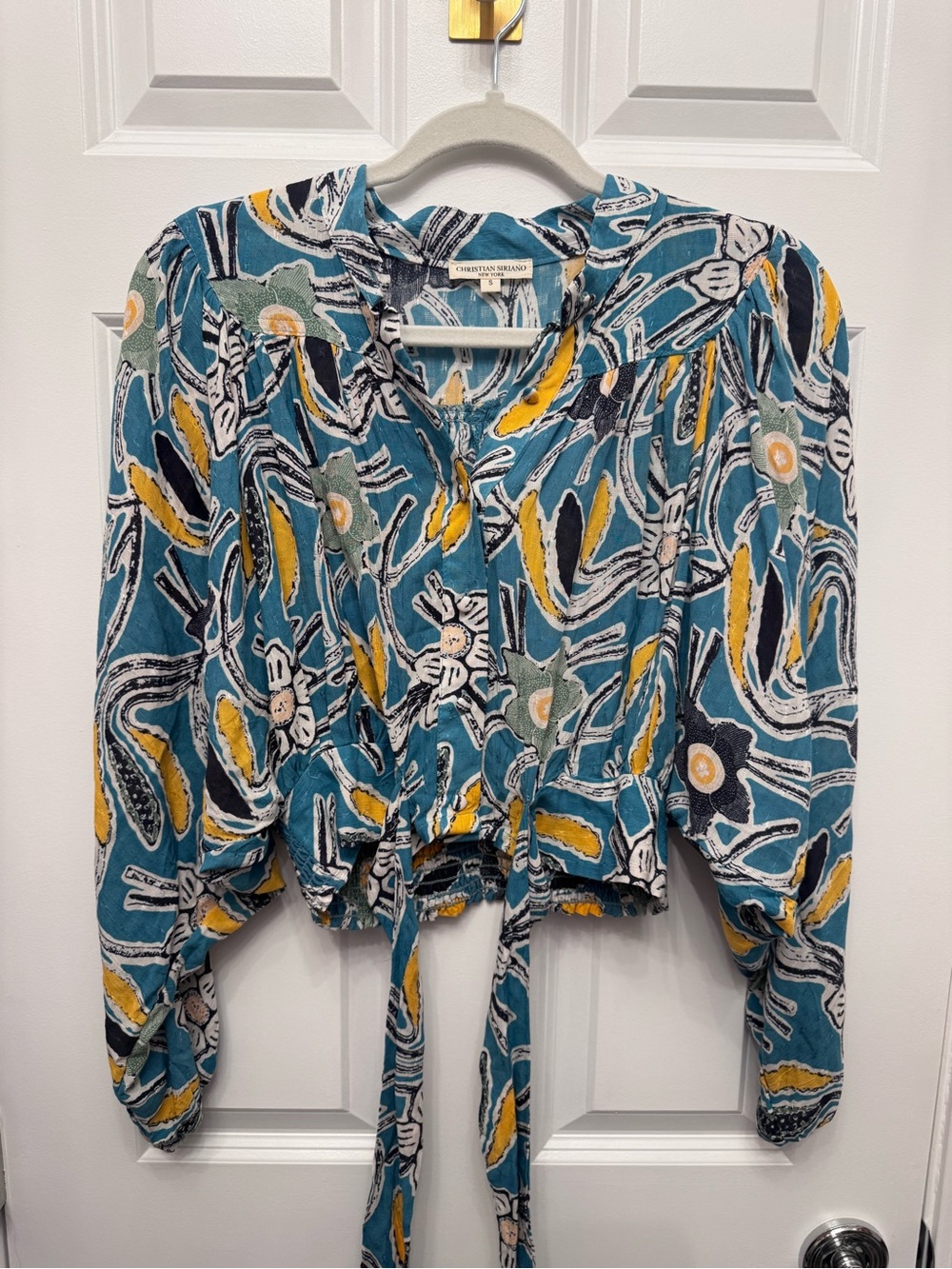 Christian Siriano Teal Floral Tie-Front Blouse